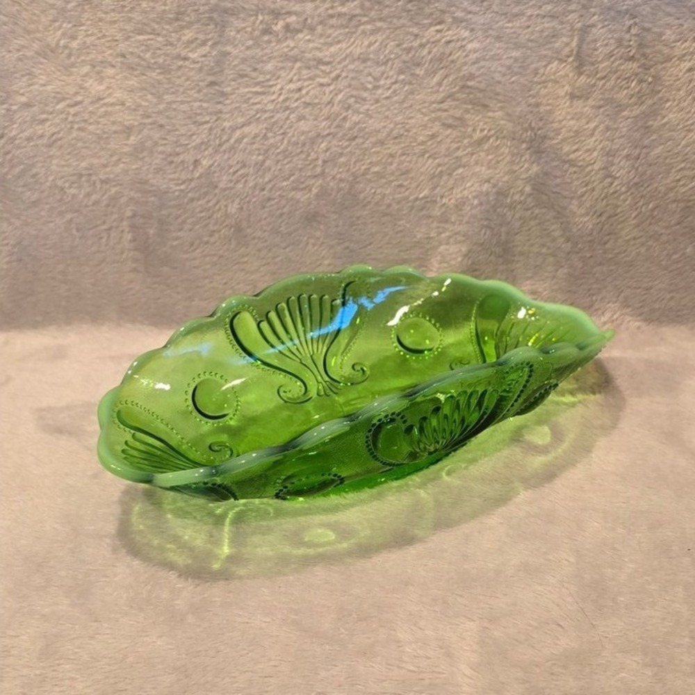 Antique Jefferson Glass "Jewel and Fan" Banana Boat Dish Green Opalescent Glass